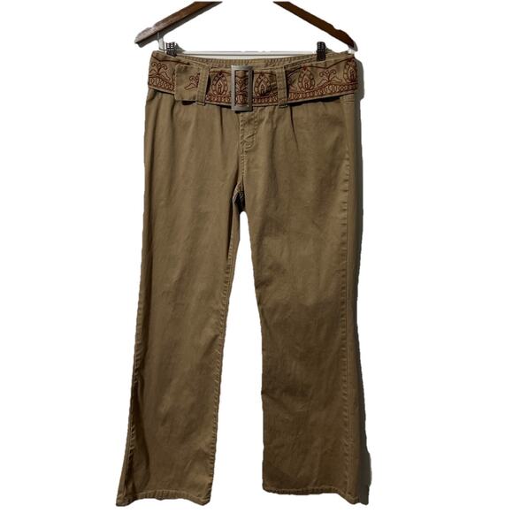 Y2K Ruff Hewn Womens Sz 10 Flare Khaki Pants Tan Embroidered Belt Hippie Boho - Picture 3 of 13